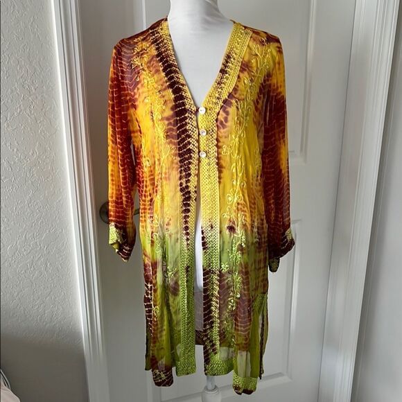Vibrant Tie-Dye Button-Up Cardigan Duster Crochet Hems Side Slits - Picture 1 of 12